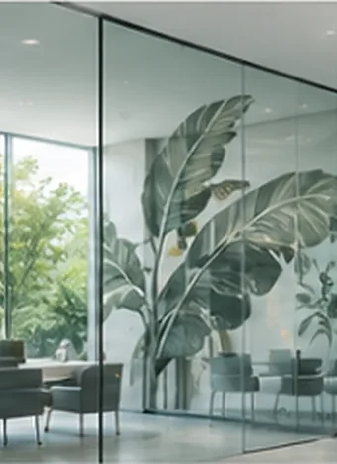 Transparent glass with decorative printed foliage