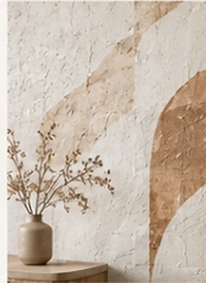 Wabi-sabi textured plaster with a printed motif