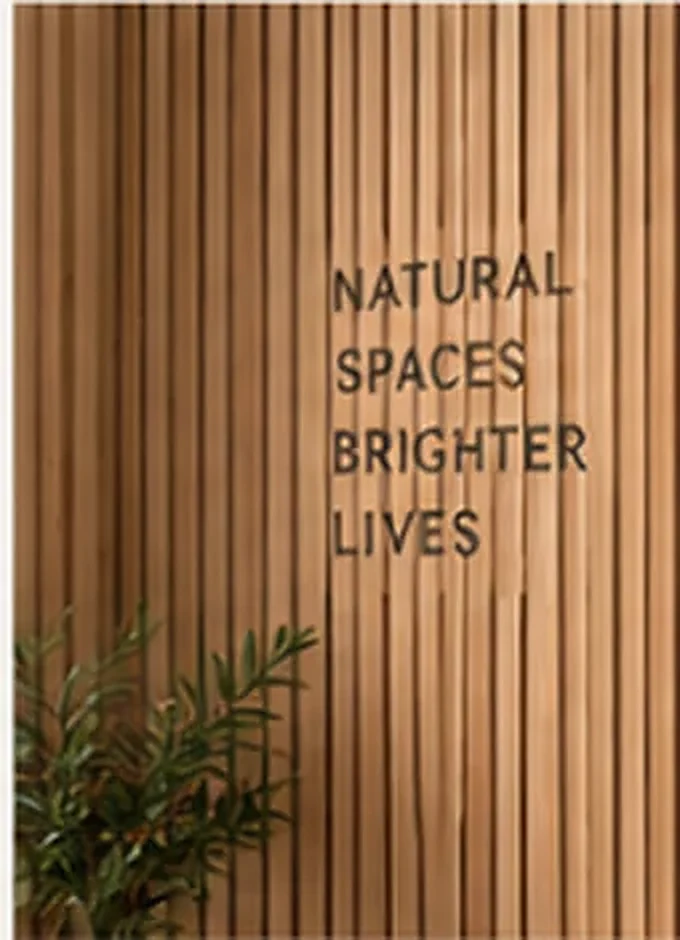 Natural slatted timber with a decorative graphic