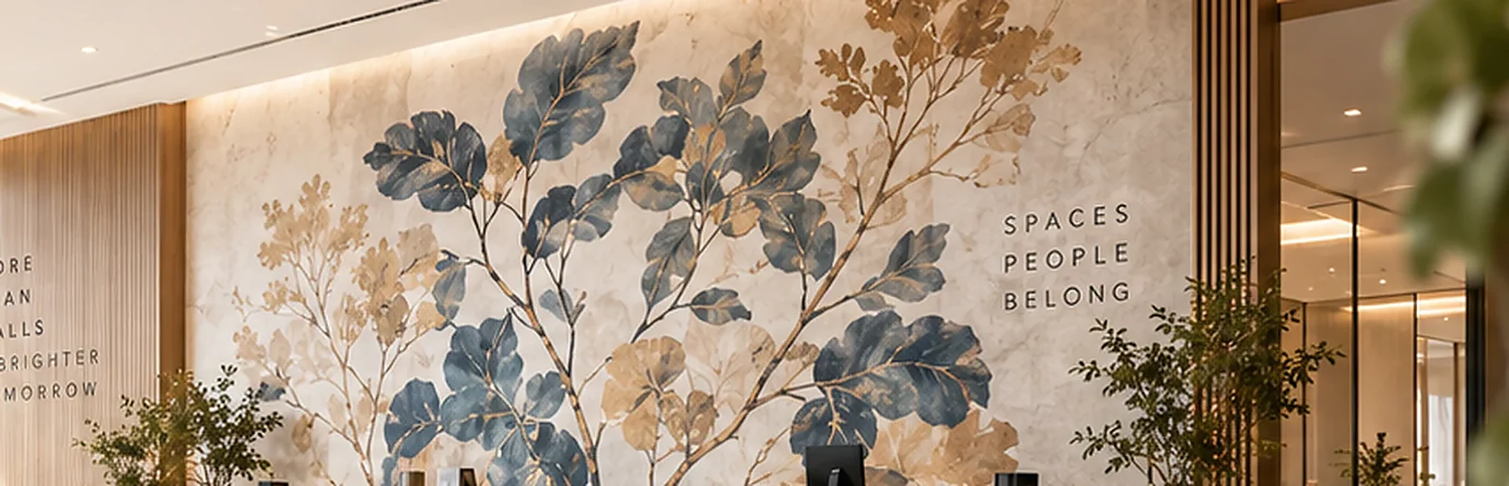 Premium interior with large-scale decorative artwork printed on textured plaster