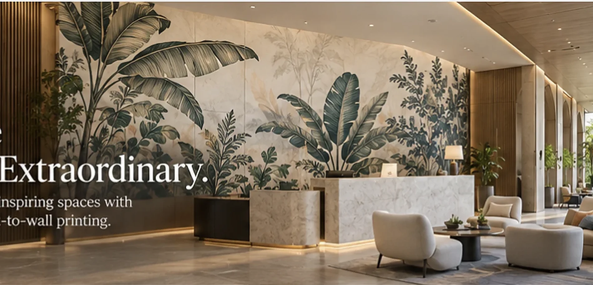 Contemporary hospitality lobby with a large-scale botanical feature wall