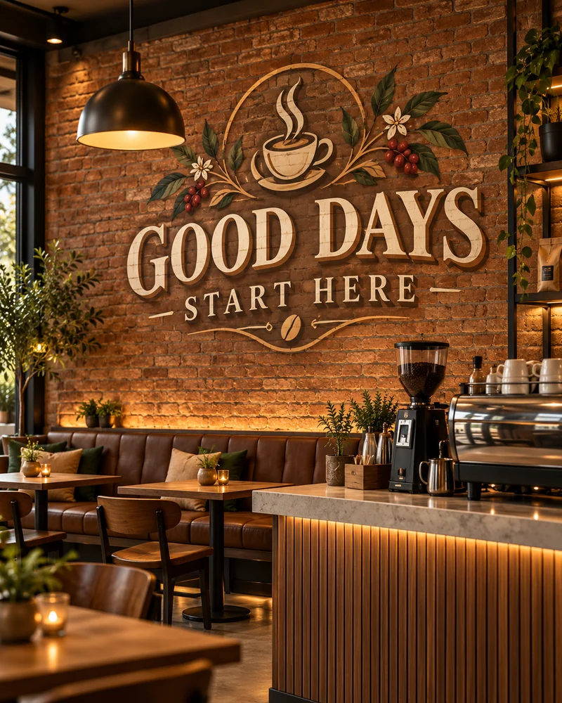 GOOD DAYS START HERE mural in a colourful cafe
