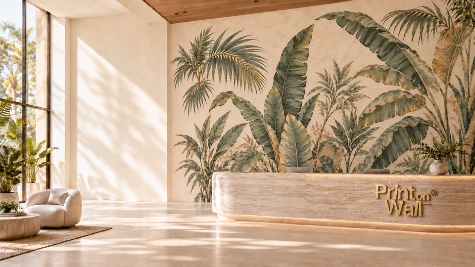 Botanical wall art on warm plaster behind a reception desk with the gold Print on Wall logo