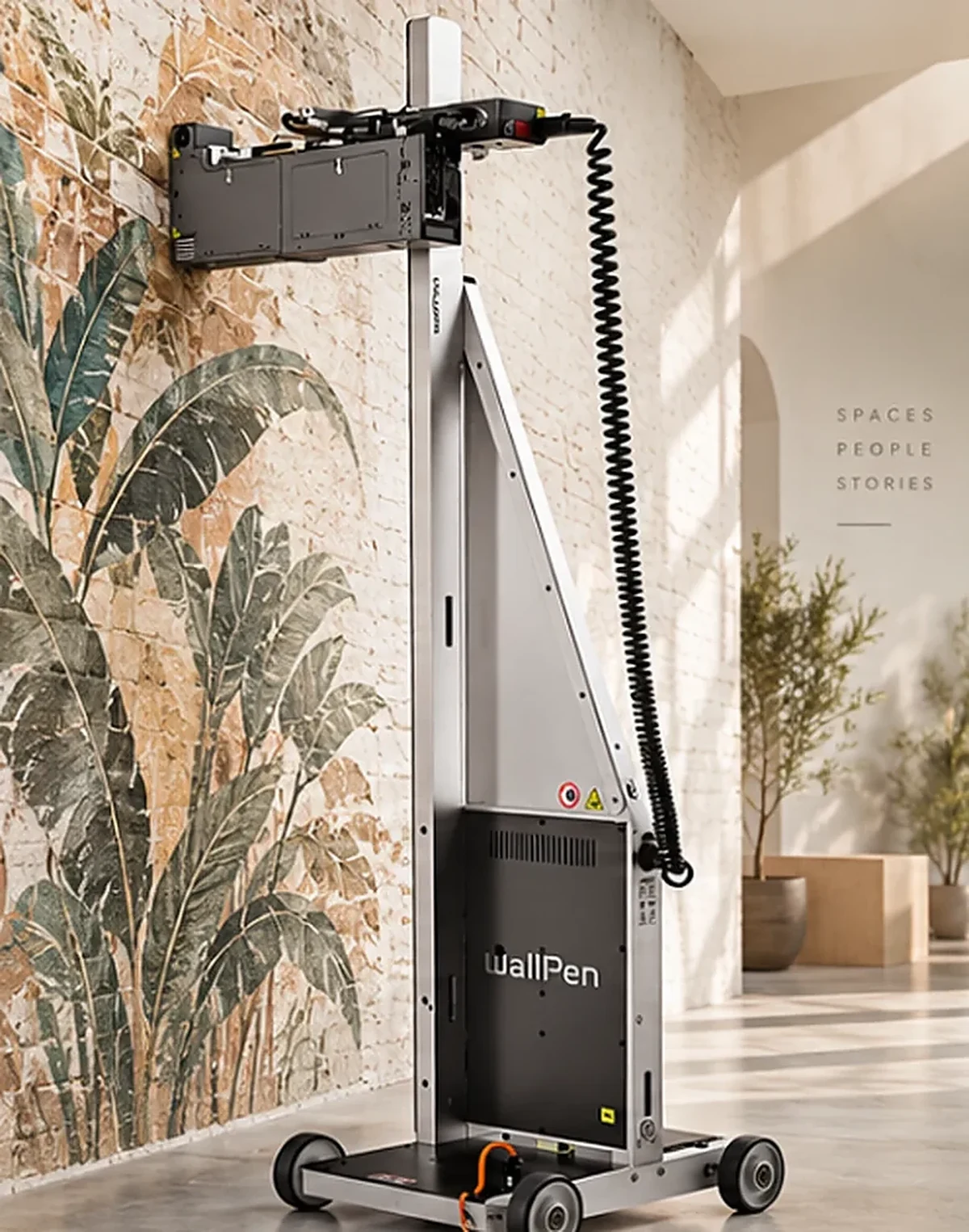 wallPen printer directly printing an abstract botanical artwork onto a textured plaster wall