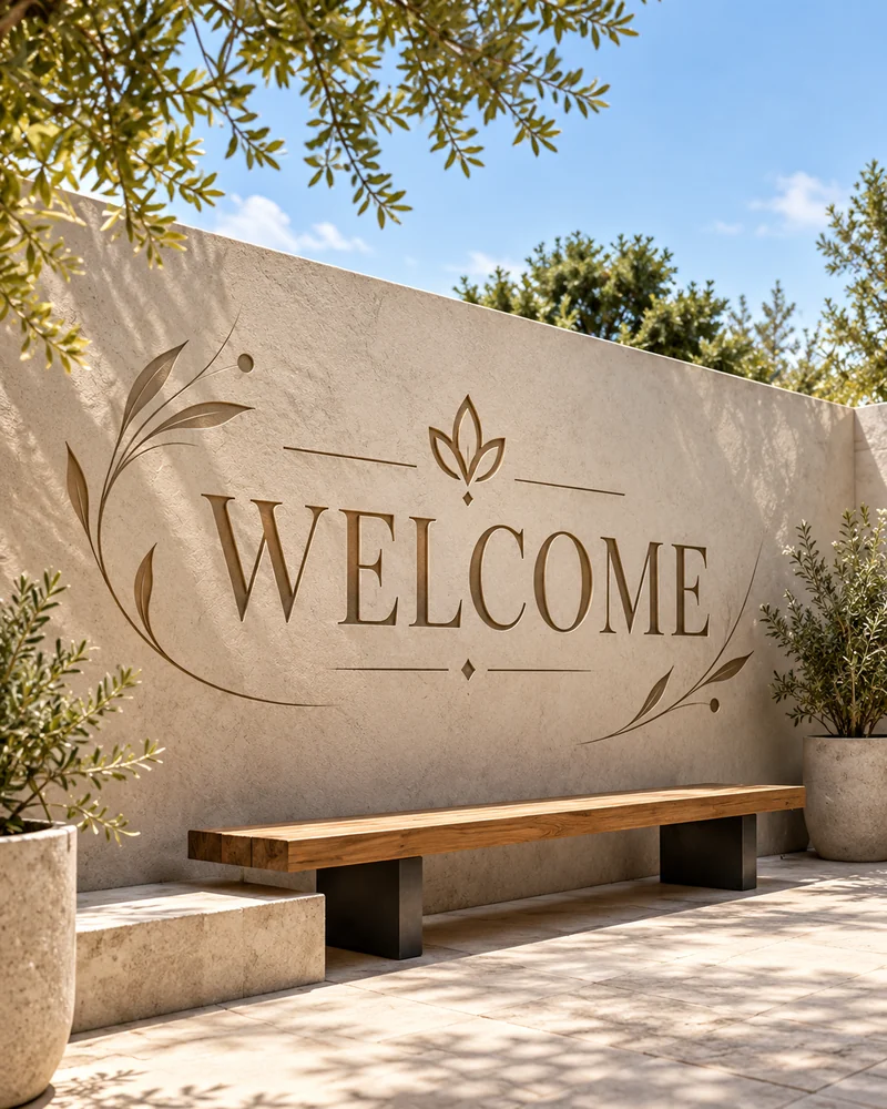 Colourful WELCOME artwork on an outdoor wall