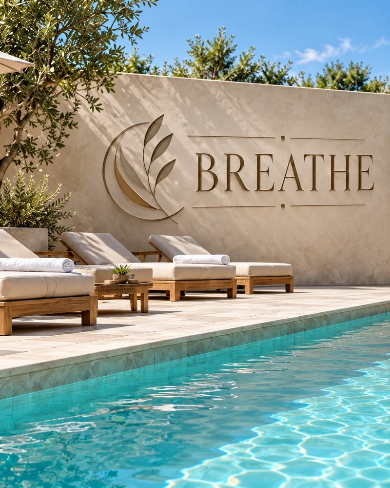 BREATHE botanical mural beside a swimming pool