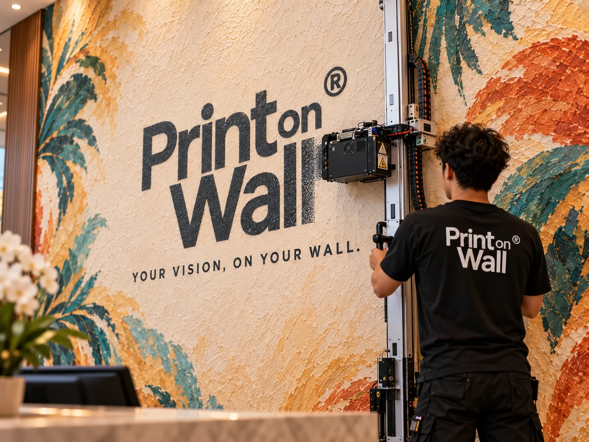 Technician printing a branded lobby mural directly on the wall