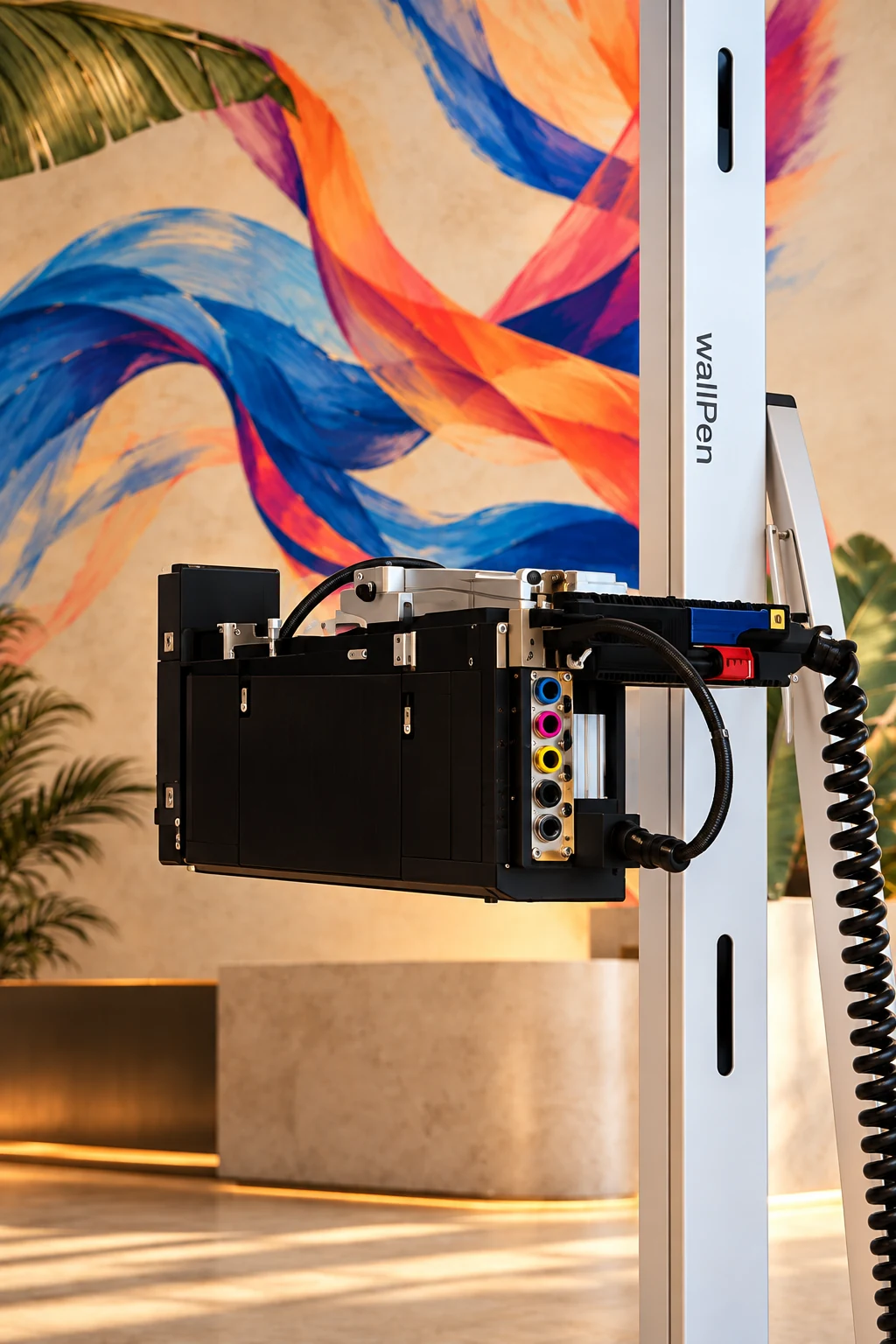 wallPen printhead in front of a vibrant orange and blue mural