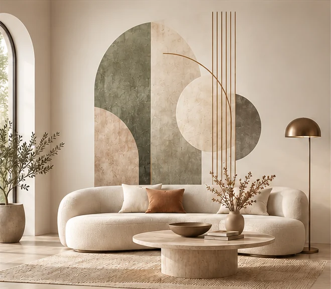 Selective abstract artwork printed on an original living-room wall