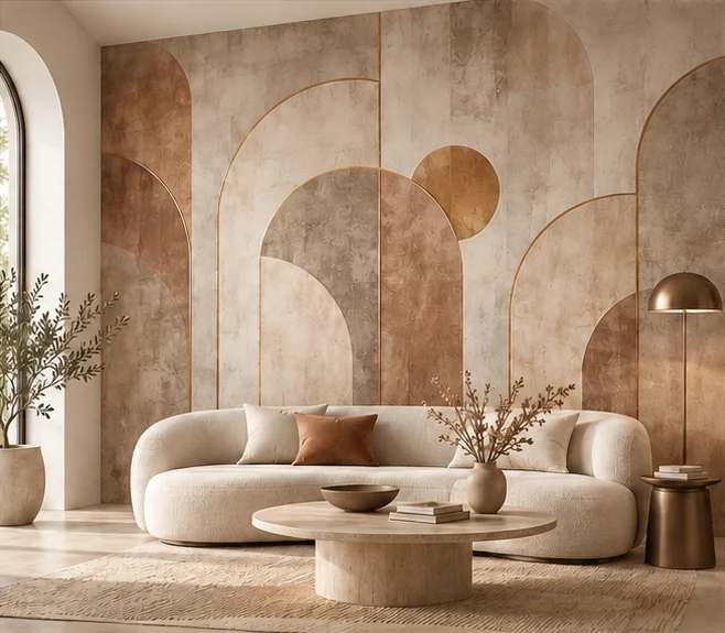 Coordinated abstract wallpaper covering the entire living-room wall